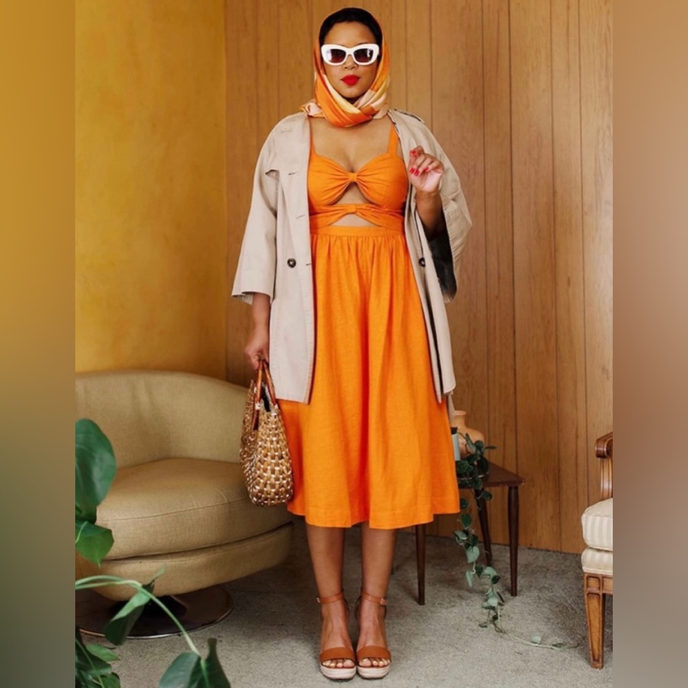 Vibrant Orange Linen Blend Cutout Midi Dress - Picture 3 of 16